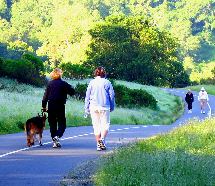 women walking around lafayette reservoir.