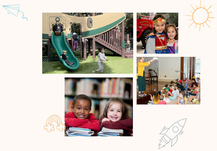 collage of kids playing and in school